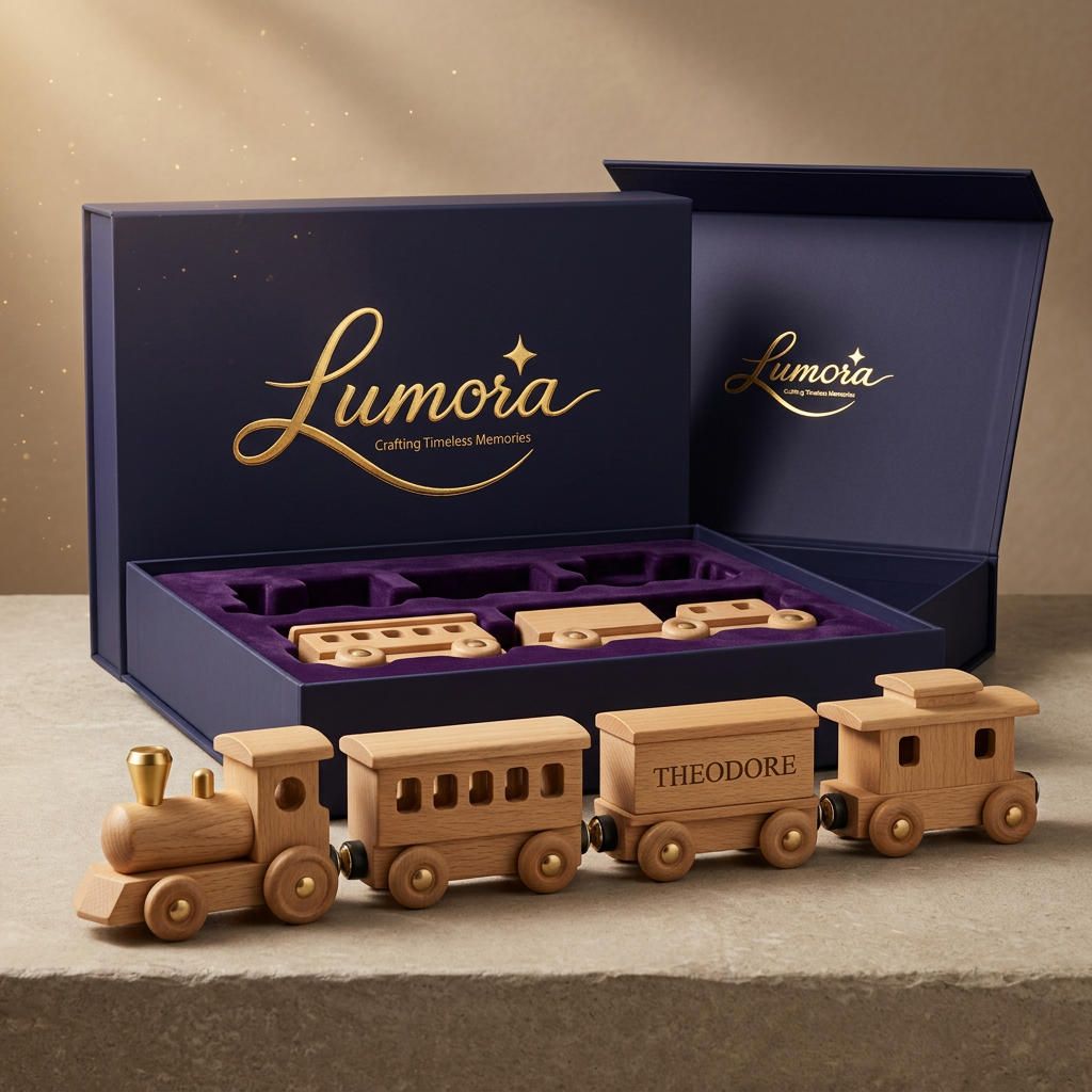 AI Design for use the logo, Create an elegant handcrafted wooden train set for the premium gifting brand "Lumora". Natural oak and beech wood, smooth child-safe finish, movable train coaches, minimalist Nordic design, engraved child name, premium luxury packaging, magnetic gift box, velvet insert, gold foil logo, warm studio lighting, professional catalog photography, ultra realistic, 8K.