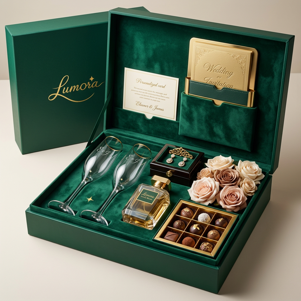 AI Design for Create an ultra luxury wedding gift box for Lumora.
Inside:
• Bride & Groom initials
• Premium perfume
• Jewelry box
• Champagne glasses
• Chocolate collection
• Artificial roses
• Personalized message card
• Wedding invitation holder
Box:
Deep emerald green rigid box
Gold foil logo
Magnetic closure
Velvet interior
Style:
Luxury boutique
High-end wedding gift
Minimal elegance
8K product render
Commercial photography