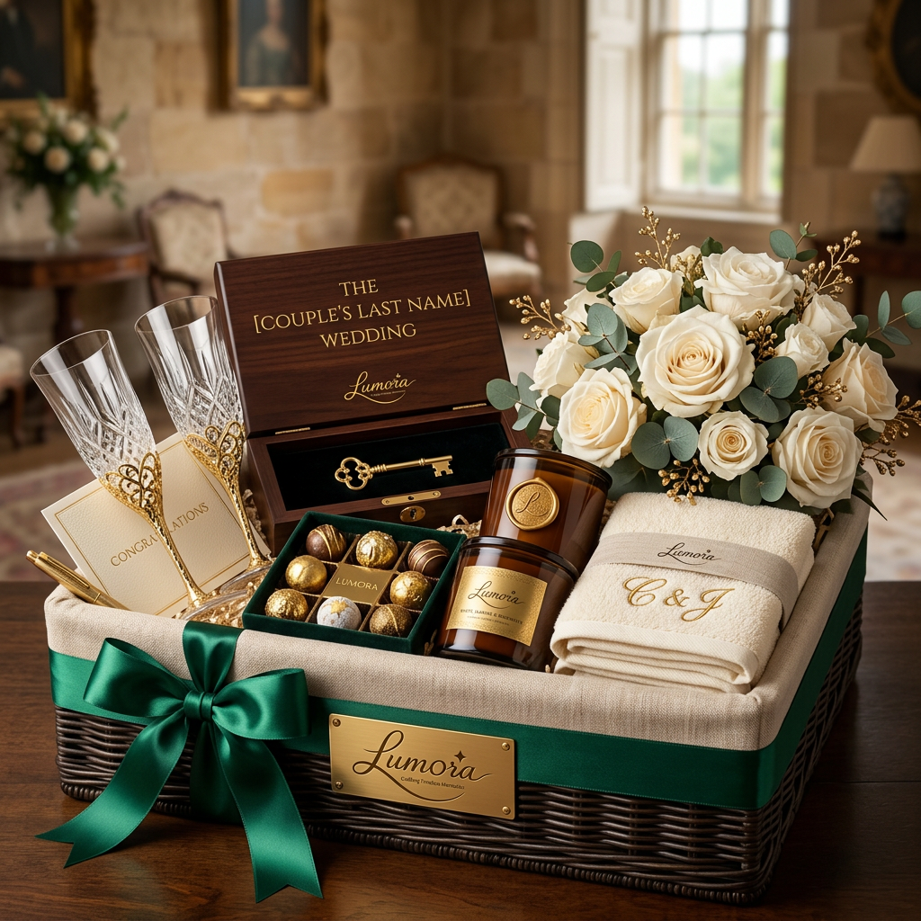 AI Design for use the logo, Create an ultra-premium wedding gift hamper for the luxury gifting brand "Lumora". Include crystal champagne glasses, premium chocolates, scented candles, personalized wooden keepsake box, preserved flowers, embroidered towels, greeting card, luxury woven basket with emerald ribbon, boutique wedding styling, commercial photography, photorealistic, ultra realistic, 8K.