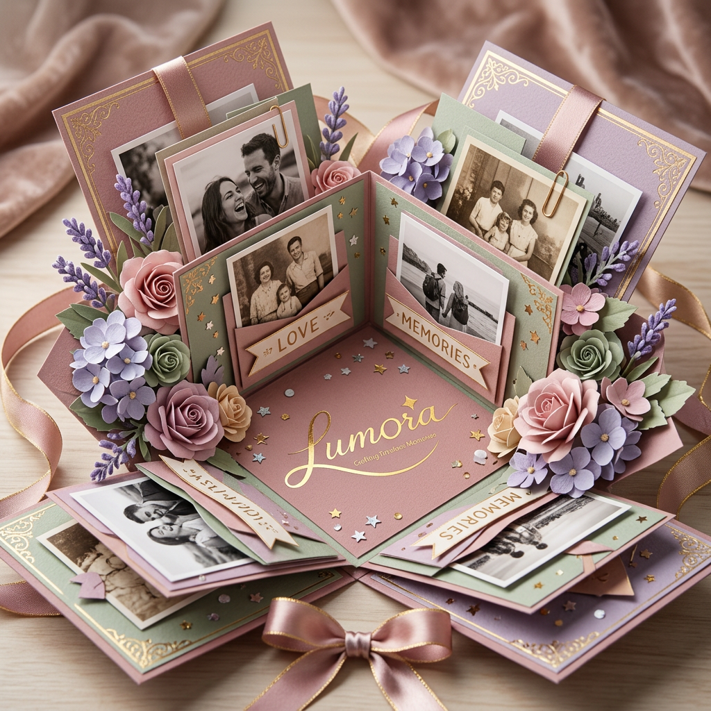 AI Design for use the logo, A stunning explosion box gift opened to reveal multiple layered compartments
popping up, each filled with personalized photos, small paper flowers, mini
banners, and confetti. Rich pastel color palette with gold foil accents,
satin ribbon holding the box structure, soft romantic lighting, 45-degree
angle shot capturing the "explosion" of layers, high-end handcrafted gift
photography style, high resolution.