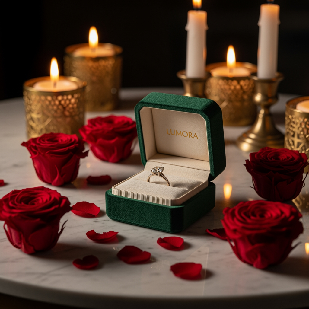AI Design for use the logo, Create an ultra-premium luxury ring presentation gift box for the luxury gifting brand "Lumora". Elegant emerald green velvet ring box with gold foil Lumora logo, premium engagement ring displayed on soft ivory velvet, preserved roses, warm candlelight, marble table, luxury boutique styling, cinematic commercial product photography, ultra realistic, photorealistic, 8K.
