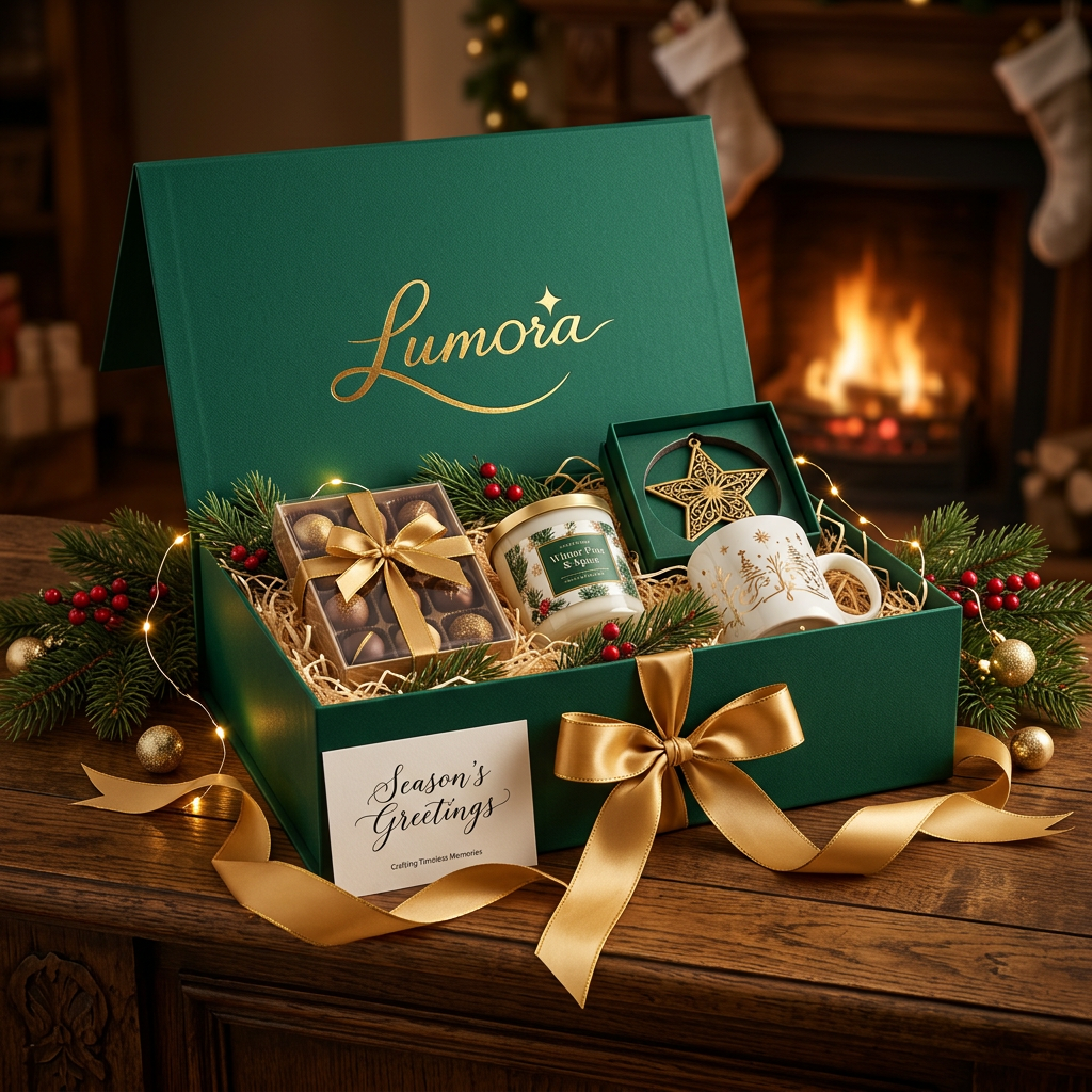 AI Design for use the logo, Create an ultra-premium Christmas gift box for the luxury gifting brand "Lumora". Include handmade chocolates, scented Christmas candle, ceramic mug, Christmas ornament, preserved pine leaves, greeting card, luxury ribbon, premium rigid emerald green magnetic gift box with gold foil Lumora logo, festive boutique styling, warm fireplace background, Christmas lights, commercial product photography, ultra realistic, photorealistic, 8K.