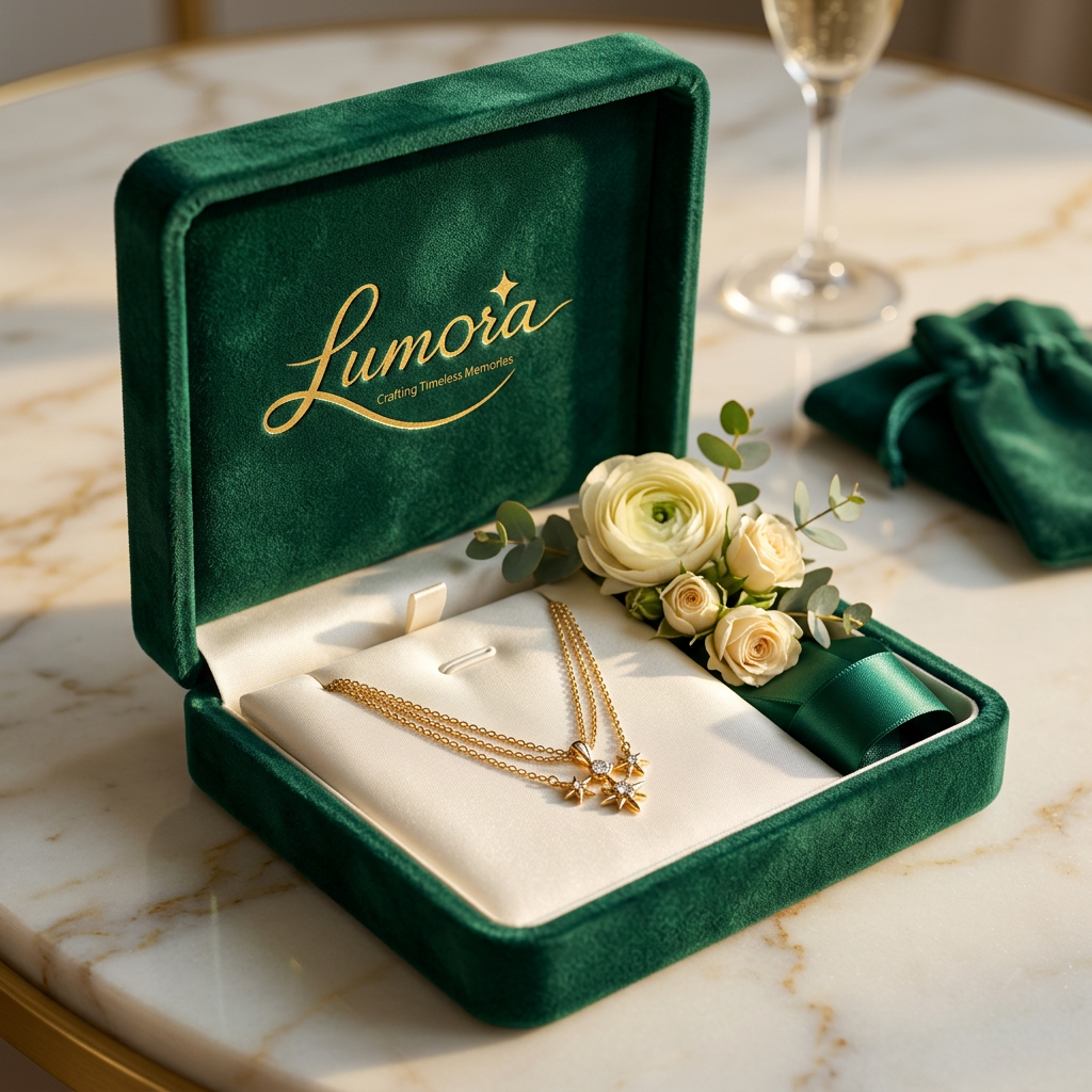 AI Design for use the logo, Create an ultra-premium necklace gift box for the luxury gifting brand "Lumora". Elegant gold necklace displayed inside a handcrafted emerald green velvet jewelry box with ivory silk interior, satin ribbon, preserved flowers, luxury marble background, commercial jewelry photography, soft golden lighting, ultra realistic, photorealistic, 8K.