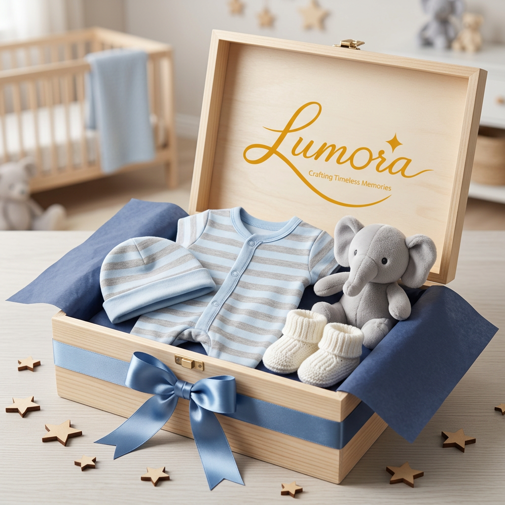 AI Design for use the logo, A beautifully arranged baby boy outfit gift set, displayed in an open gift
box lined with soft blue or navy tissue paper. A cute romper or outfit set
in pastel blue, grey, or navy with subtle patterns like tiny stars, clouds,
or stripes, neatly folded inside. Accompanied by a matching cap or beanie,
tiny white or navy booties, and a soft plush teddy bear or elephant toy
tucked beside the outfit. A satin ribbon bow on the box exterior, small
wooden or fabric star decorations scattered around the setup. Soft, warm
lighting with a calm blue and cream color palette, gentle bokeh background,
flat-lay or 45-degree angle shot, high-end baby boutique product
photography style, soft focus, clean and charming aesthetic, high
resolution.