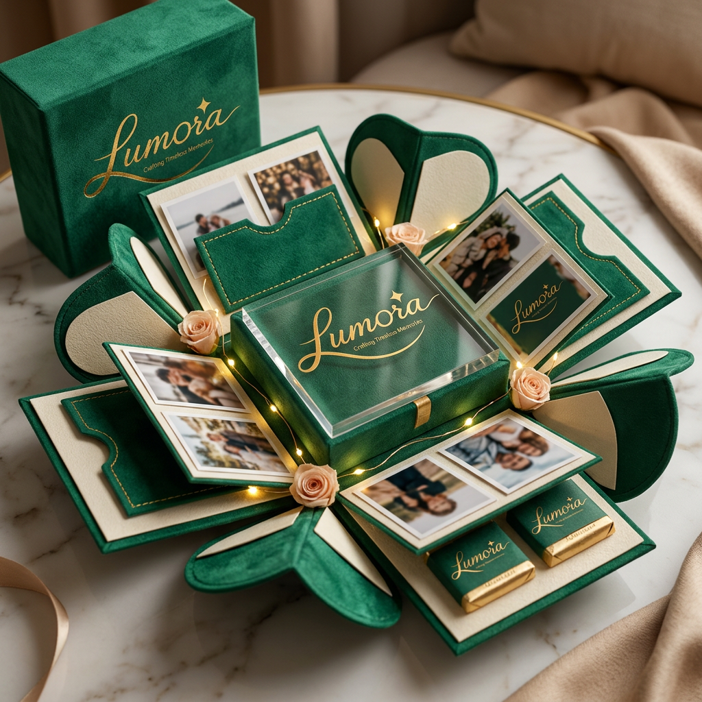 AI Design for use the logo, Create an ultra-premium handmade explosion surprise gift box for the luxury gifting brand "Lumora". The box opens into multiple layers revealing personalized photos, heartfelt messages, hidden pockets, artisan chocolates, preserved roses, fairy lights, and a central acrylic keepsake. Emerald green and ivory luxury color palette, gold foil Lumora logo, cinematic unboxing experience, commercial product photography, ultra realistic, photorealistic, 8K.