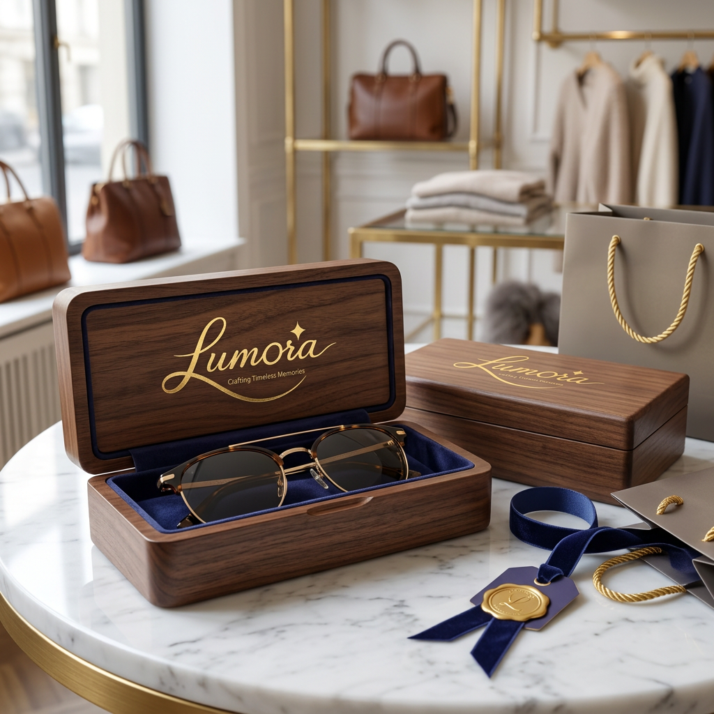 AI Design for use the logo, Create a premium luxury sunglass gift box for the gifting brand "Lumora". Designer sunglasses inside a handcrafted walnut wood case with velvet lining, luxury gift packaging, marble table styling, elegant natural lighting, commercial product photography, ultra realistic, photorealistic, 8K.