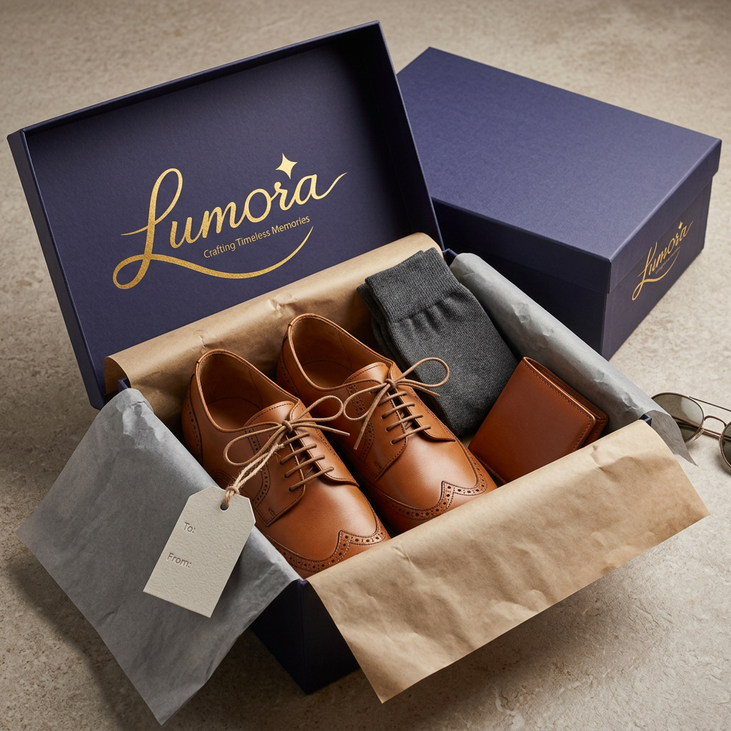 AI Design for use the logo, A premium pair of sneakers or formal shoes, elegantly displayed inside an
open gift box lined with soft grey or kraft-brown tissue paper. Shoes
placed neatly side by side, laces styled in a clean loose knot, with a
matching shoebox lid tilted slightly in the background. Accompanied by a
small pair of cotton socks, a shoe polish brush, or a leather wallet
tucked beside for added detail. A minimalist gift tag tied with twine or
ribbon, subtle props like sunglasses or a cap nearby. Soft studio lighting
highlighting the texture of leather or canvas material, warm neutral color
palette of beige, white, and charcoal with a pop of accent color matching
the shoes, flat-lay or 45-degree angle shot, high-end boutique product
photography style, sharp focus, high resolution.