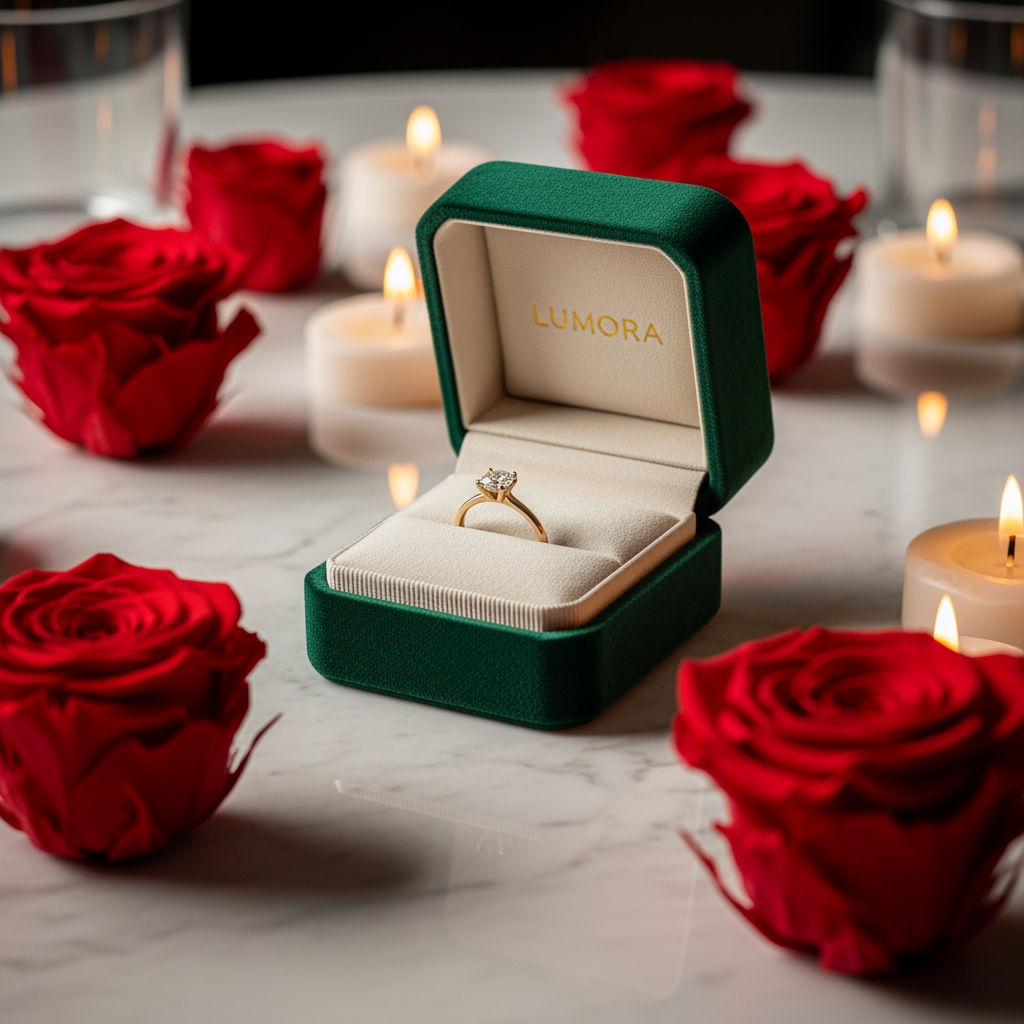 AI Design for use the logo, Create an ultra-premium luxury ring presentation gift box for the luxury gifting brand "Lumora". Elegant emerald green velvet ring box with gold foil Lumora logo, premium engagement ring displayed on soft ivory velvet, preserved roses, warm candlelight, marble table, luxury boutique styling, cinematic commercial product photography, ultra realistic, photorealistic, 8K.