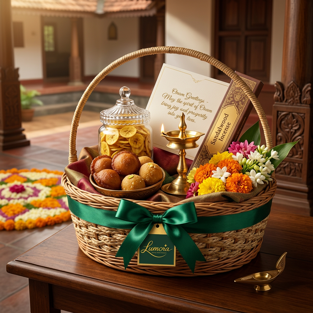 AI Design for use the logo, Create a luxury Onam gift hamper for the premium gifting brand "Lumora". Include banana chips, traditional sweets, brass diya, fresh flowers, sandalwood incense, premium greeting card, elegant woven basket with emerald ribbon and gold Lumora branding, traditional Kerala home background, warm natural lighting, commercial photography, ultra realistic, 8K.