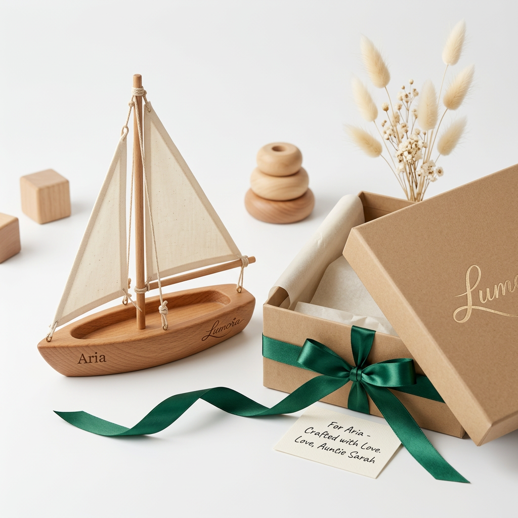 AI Design for Create a beautiful handcrafted wooden toy ship for the premium gifting brand "Lumora."
Product:
A simple, elegant wooden sailboat designed for children and nursery décor. The design should be minimal, timeless, and handcrafted, with smooth rounded edges and a natural wood finish.
Features:
• Solid beech wood
• Smooth hand-polished surface
• Child-safe rounded edges
• Minimal Scandinavian design
• Single cotton sail in ivory
• Small engraved Lumora logo on the hull
• Personalized child name engraving (optional)
• Eco-friendly, non-toxic materials
• Compact size (8–10 inches)
Packaging:
• Premium kraft gift box
• Ivory tissue paper
• Emerald green satin ribbon
• Gold foil Lumora logo
• Personalized gift card
Style:
Minimal
Modern
Luxury
Handcrafted
Eco-friendly
Timeless
Photography:
Professional product photography
45-degree angle
Soft natural lighting
Clean white background
Minimal styling with a few wooden toys and dried flowers
Color Palette:
Natural wood
Ivory
Warm beige
Emerald green
Champagne gold accents
Quality:
Ultra-realistic
Photorealistic
8K
Luxury retail catalog quality
Highly detailed wood grain
Premium handcrafted finish