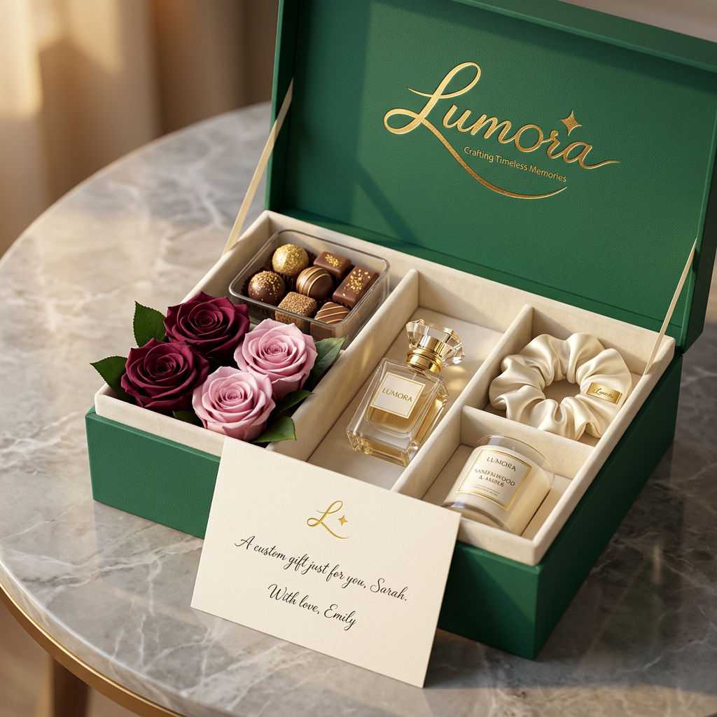 AI Design for use the logo, Create an ultra-premium women's luxury gift box for the luxury gifting brand "Lumora". Include preserved roses, artisan chocolates, luxury perfume, silk scrunchie, personalized greeting card, scented candle, premium emerald green magnetic gift box with gold foil Lumora logo, ivory velvet interior, boutique styling, marble tabletop, soft golden lighting, commercial product photography, ultra realistic, photorealistic, 8K.