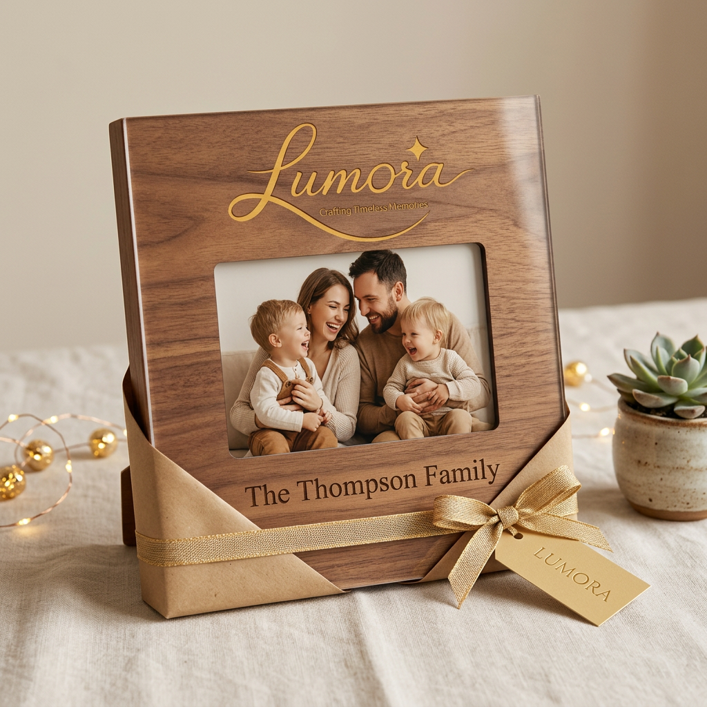 AI Design for use the logo, An elegant wooden or acrylic personalized photo frame displayed as a gift,
featuring a warm family or couple photo, engraved name text at the bottom,
placed on a soft neutral surface with a small potted plant or fairy lights
beside it. Wrapped partially in kraft paper with a ribbon bow, warm cream
and gold color palette, soft natural lighting, 45-degree angle shot,
minimalist boutique product photography style, high resolution.