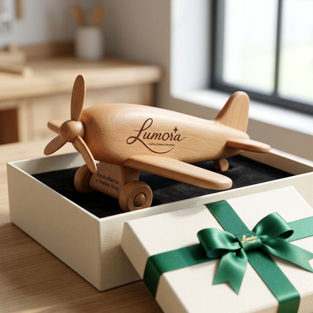 AI Design for use the logo, Create a premium handcrafted wooden airplane toy made from solid beech wood for the luxury brand "Lumora". Minimal Scandinavian design, smooth rounded edges, spinning propeller, personalized engraving, luxury ivory gift box with emerald ribbon, premium packaging, commercial product photography, soft natural lighting, ultra realistic, photorealistic, 8K.