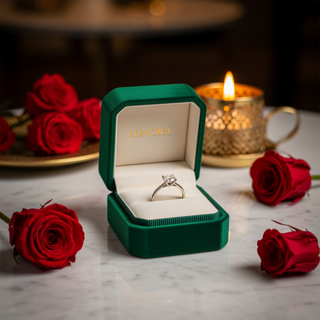AI Design for use the logo, Create an ultra-premium luxury ring presentation gift box for the luxury gifting brand "Lumora". Elegant emerald green velvet ring box with gold foil Lumora logo, premium engagement ring displayed on soft ivory velvet, preserved roses, warm candlelight, marble table, luxury boutique styling, cinematic commercial product photography, ultra realistic, photorealistic, 8K.