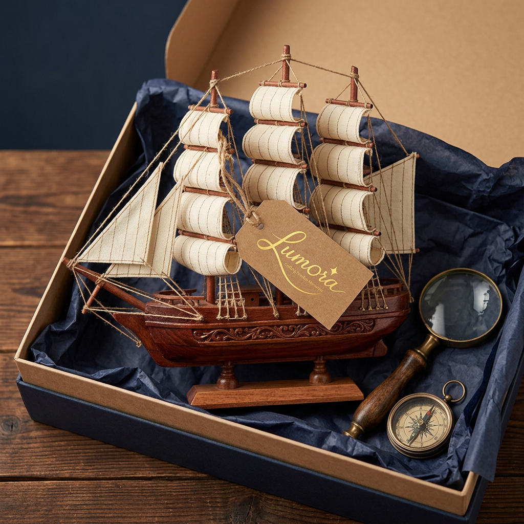 AI Design for use the logo, A handcrafted wooden ship model displayed as an elegant gift, featuring
detailed miniature sails made of cream-colored fabric, rich mahogany-toned
wooden hull with fine carved details, and tiny rigging strings connecting
the masts. Placed on a simple wooden stand, presented inside an open gift
box lined with dark navy or kraft-brown tissue paper. A small handwritten
gift tag tied with jute twine, a magnifying glass or nautical compass
placed beside it as a complementary prop, warm rustic lighting highlighting
the wood grain texture. Neutral background in soft beige or navy tones,
45-degree angle or flat-lay shot, high-end handcrafted gift photography
style, warm and earthy color palette, high resolution, professional
product photography.