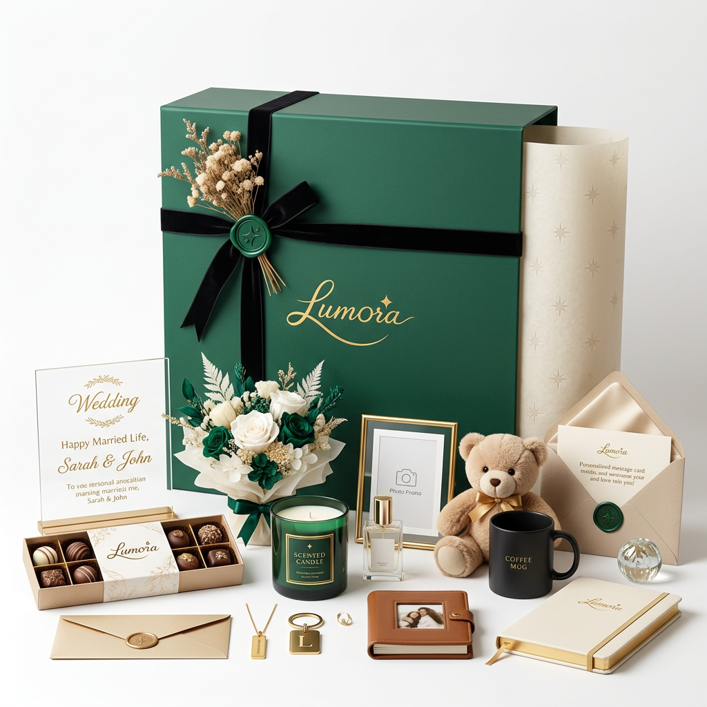 AI Design for Design an ultra-premium luxury gift collection for the brand "Lumora", a modern gifting brand specializing in personalized gifts for birthdays, anniversaries, weddings, baby showers, corporate gifting, festive occasions, Valentine's Day, Mother's Day, Father's Day, and custom celebrations.
Brand Identity:
• Elegant
• Premium
• Timeless
• Minimal
• Emotional
• Sophisticated
• Modern Luxury
Color Palette:
• Emerald Green
• Matte Black
• Warm Ivory
• Champagne Gold
• Soft Beige
Typography:
Luxury serif combined with clean modern sans-serif.
Packaging:
• Premium rigid magnetic gift box
• Gold foil embossed Lumora logo
• Velvet ribbon
• Satin lining
• Magnetic closure
• Custom tissue paper
• Personalized message card
• Wax seal
• Dried flowers
• Elegant envelope
• Luxury wrapping
Gift Items:
• Personalized acrylic plaque
• Chocolates
• Fresh or preserved flowers
• Scented candle
• Perfume
• Photo frame
• Teddy bear
• Coffee mug
• Jewelry
• Keychain
• Mini album
• Gift voucher
• Luxury notebook
• Decorative accessories
Presentation:
Luxury boutique product photography with a clean white background, soft natural shadows, refined styling, and photorealistic materials. Showcase both the closed gift box and the beautifully arranged contents. Emphasize premium craftsmanship and emotional gifting.
Quality:
Ultra realistic, 8K, commercial advertising quality, high-end retail catalog, visually stunning, suitable for premium branding and marketing.