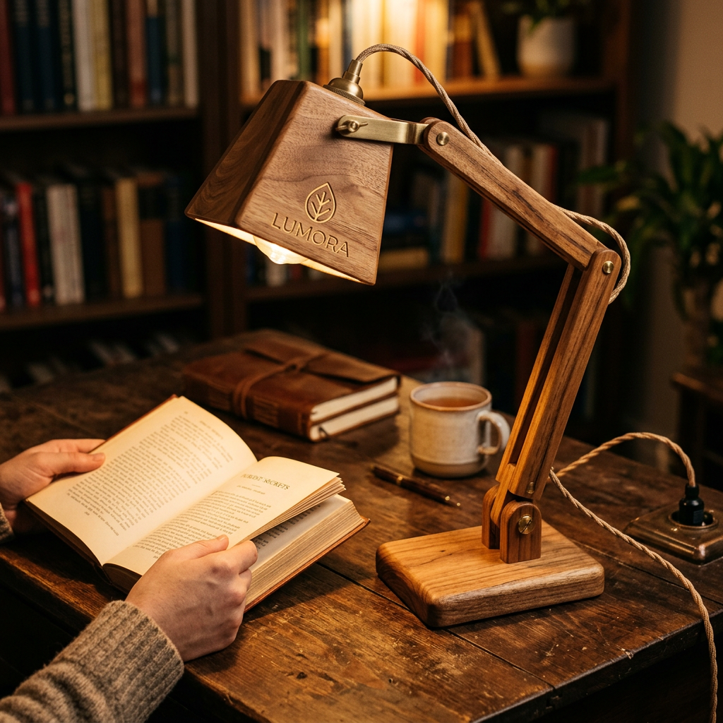 AI Design for could you make a lumora wood  table reading lamp ?  use the lumora logo you previously added as brand