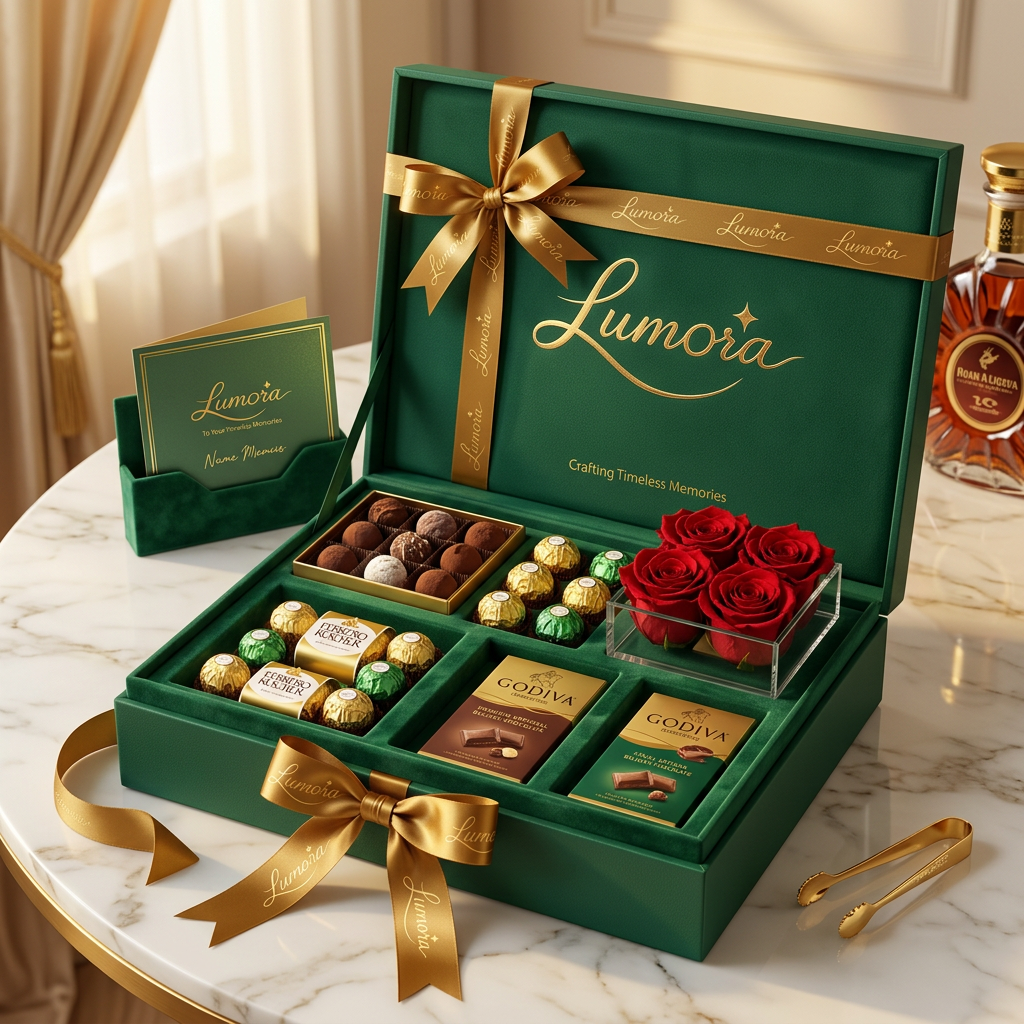 AI Design for use the logo, Create an ultra-premium chocolate gift hamper for the luxury gifting brand "Lumora". Include artisan chocolates, Ferrero Rocher, Belgian chocolate bars, chocolate truffles, preserved roses, luxury greeting card, elegant emerald green rigid gift box with gold foil Lumora logo, satin ribbon, velvet insert, marble table styling, soft golden lighting, commercial product photography, ultra realistic, photorealistic, 8K.
