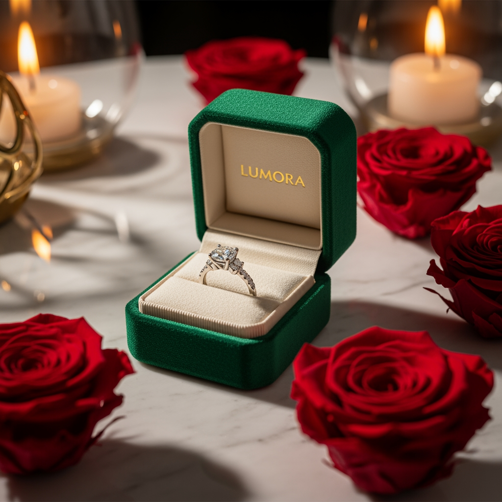 AI Design for use the logo, Create an ultra-premium luxury ring presentation gift box for the luxury gifting brand "Lumora". Elegant emerald green velvet ring box with gold foil Lumora logo, premium engagement ring displayed on soft ivory velvet, preserved roses, warm candlelight, marble table, luxury boutique styling, cinematic commercial product photography, ultra realistic, photorealistic, 8K.