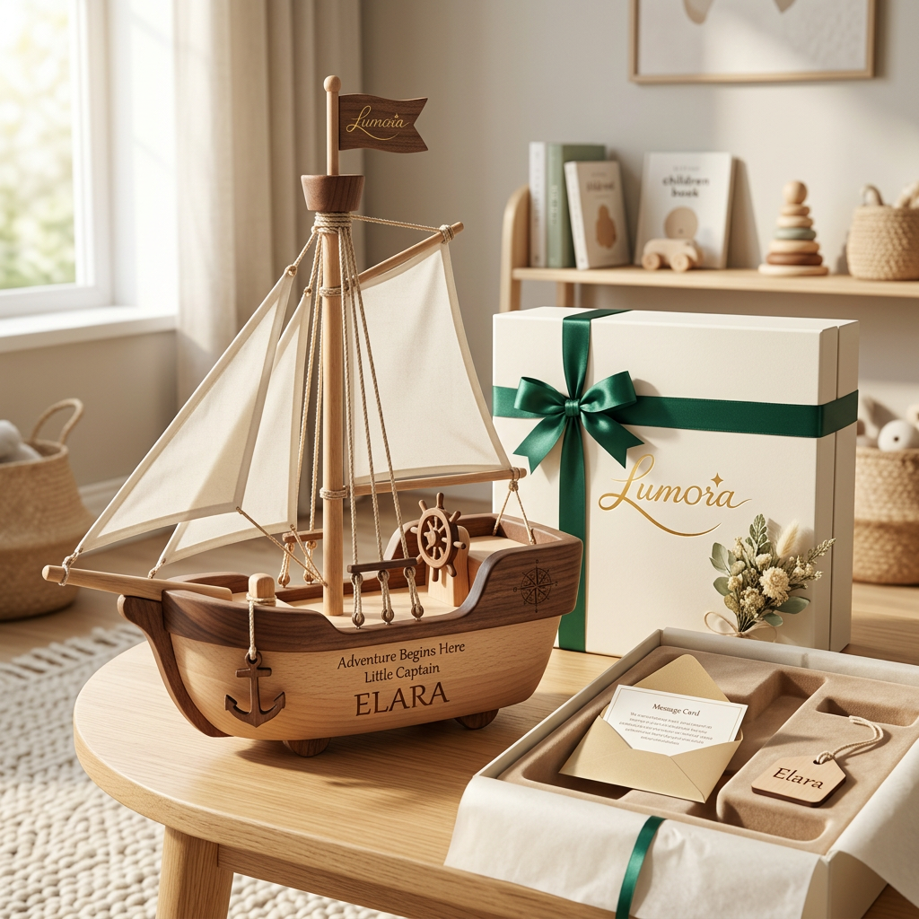 AI Design for Design an ultra-premium handcrafted wooden toy ship gift for the luxury gifting brand "Lumora."
Product Concept:
A beautifully crafted wooden sailing ship that inspires imagination, adventure, and learning. Designed as a premium keepsake and educational toy for children aged 3+, making it perfect for birthdays, baby showers, naming ceremonies, return gifts, and nursery décor.
Toy Design:
• Handcrafted from premium natural beech wood and walnut wood
• Smooth hand-polished finish with rounded child-safe edges
• Non-toxic, eco-friendly, water-based paint
• Scandinavian-inspired minimalist design
• Beautiful wooden sailboat with realistic details
• Cotton fabric sails in ivory
• Small wooden flag engraved with the Lumora logo
• Rotating wooden steering wheel
• Mini wooden anchor
• Decorative rope details
• High-quality wooden wheels hidden underneath for easy movement
• Personalized wooden name engraving on the hull
• Optional engraved message:
"Adventure Begins Here"
"Little Captain"
"Sail Into Big Dreams"
Gift Box:
• Premium rigid magnetic gift box
• Matte ivory finish
• Emerald green satin ribbon
• Gold foil embossed Lumora logo
• Velvet insert custom-cut to fit the toy
• Premium tissue paper
• Personalized message card
• Wooden gift tag with the child's name
• Dried flowers and luxury wrapping
• Certificate of handcrafted quality
Brand Identity:
Lumora
Luxury
Minimal
Timeless
Elegant
Eco-friendly
Handcrafted
Premium personalized gifting
Photography Style:
Luxury commercial product photography
45-degree hero angle
Front and side product views
Lifestyle scene in a modern nursery
Natural oak wooden table
Soft morning sunlight through a window
Warm, cozy atmosphere
Minimal Scandinavian nursery décor
Neutral background with subtle shadows
Color Palette:
• Natural Beech Wood
• Walnut Brown
• Ivory White
• Sage Green
• Emerald Green
• Champagne Gold
• Warm Beige
Mood:
Warm
Nostalgic
Premium
Wholesome
Handcrafted
Playful
Elegant
Quality:
Ultra-realistic
Photorealistic
8K
Luxury retail catalog quality
Highly detailed wood grain
Visible handcrafted texture
Professional advertising photography
Award-winning product styling
Extremely realistic lighting and reflections