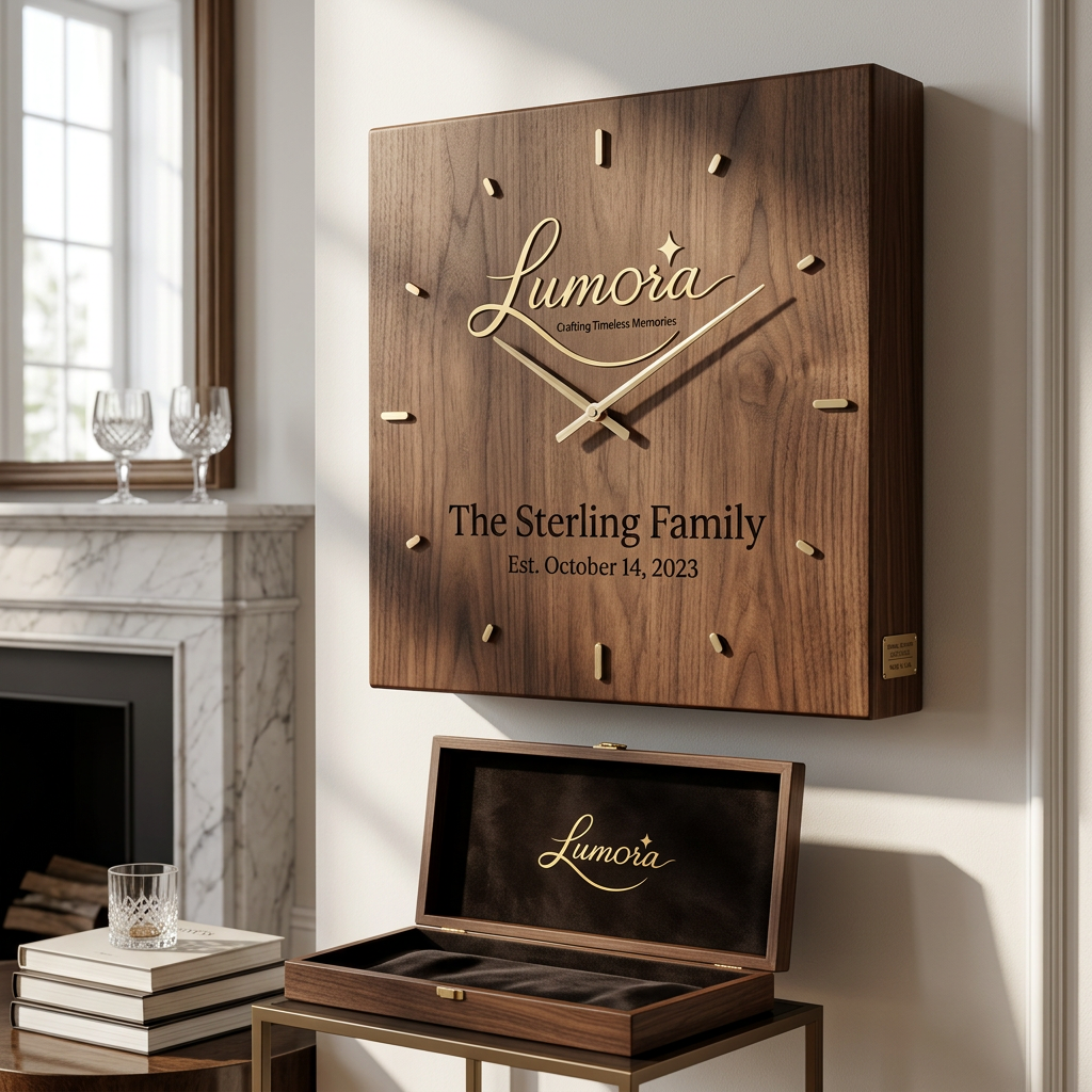 AI Design for use the logo, Create an ultra-premium personalized wooden wall clock for "Lumora". Crafted from natural walnut wood with silent movement, engraved family name and special date, minimalist luxury design, premium gift box, elegant living room styling, commercial product photography, ultra realistic, 8K.