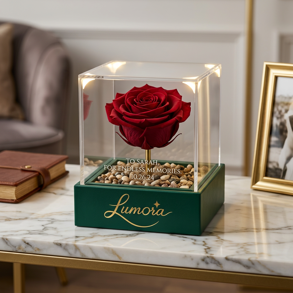 AI Design for use the logo, Create a premium forever rose acrylic gift box for the luxury gifting brand "Lumora". A preserved red rose displayed inside a crystal-clear acrylic cube with warm LED lighting, personalized engraved message, luxury emerald green base, gold foil Lumora branding, elegant marble tabletop styling, commercial photography, ultra realistic, 8K.