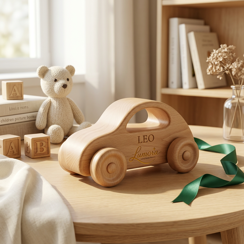 AI Design for Create an ultra-premium handcrafted wooden toy car for the luxury gifting brand "Lumora."
Concept:
A simple, timeless wooden toy car designed with a Scandinavian minimalist aesthetic. Safe for children, beautifully handcrafted, and elegant enough to be displayed as nursery décor. A perfect gift for birthdays, baby showers, naming ceremonies, and newborn celebrations.
Design:
• Handcrafted from solid beech wood with natural wood grain
• Smooth rounded edges for child safety
• Minimal modern silhouette
• Four solid wooden wheels that rotate smoothly
• Natural matte finish
• Eco-friendly, non-toxic materials
• Small engraved Lumora logo underneath
• Personalized child name engraved on the side (optional)
• Elegant curved body with clean lines
• No plastic parts
Packaging:
• Premium kraft gift box
• Soft ivory tissue paper
• Emerald green satin ribbon
• Gold foil embossed Lumora logo
• Wooden name tag
• Personalized greeting card
• Dried flower decoration
Scene:
The wooden toy car is placed on a light oak table in a modern Scandinavian nursery. Nearby are wooden building blocks, a teddy bear, children's books, and soft linen fabric. Warm morning sunlight creates a cozy, premium atmosphere.
Brand Style:
Lumora
Luxury
Minimal
Handcrafted
Eco-friendly
Modern
Timeless
Premium personalized gifting
Color Palette:
• Natural Beech Wood
• Light Oak
• Walnut Brown
• Ivory White
• Emerald Green
• Champagne Gold
Photography:
Luxury commercial product photography
45-degree hero angle
Front and side views
Close-up shots showing the wood grain
Soft natural lighting
Clean white and beige background
Minimal styling
Quality:
Ultra-realistic
Photorealistic
8K
Luxury retail catalog quality
Highly detailed wood texture
Professional advertising photography
Award-winning product styling