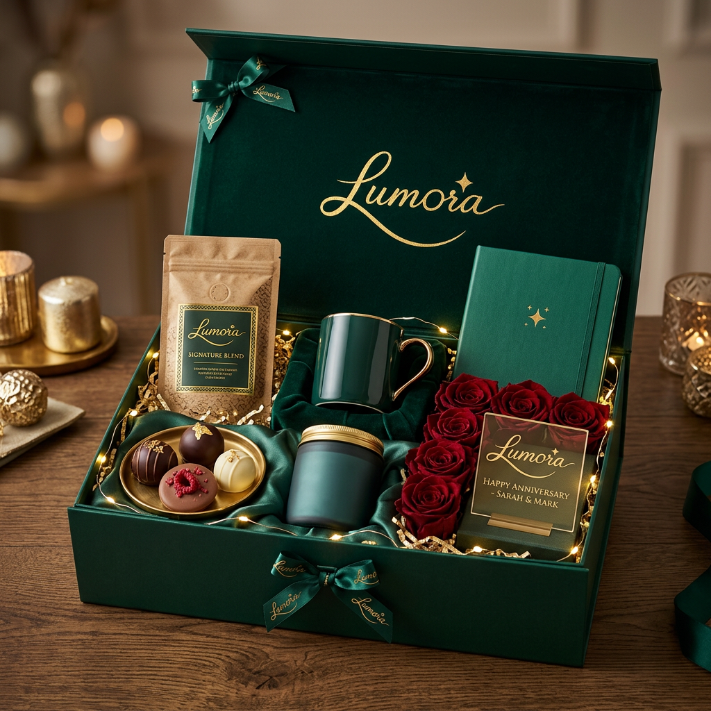 AI Design for use the logo, Create the ultimate signature luxury celebration hamper for the premium gifting brand "Lumora". Include artisan chocolates, gourmet coffee, scented candle, preserved roses, ceramic mug, premium notebook, personalized acrylic plaque, fairy lights, luxury emerald green magnetic gift box with velvet interior and gold foil Lumora logo, boutique styling, commercial product photography, ultra realistic, photorealistic, 8K.