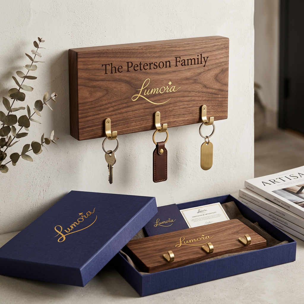 AI Design for use the logo, Create a luxury personalized wooden key holder for the gifting brand "Lumora". Solid walnut wood with engraved family name, elegant brass hooks, minimalist Scandinavian design, premium gift box, modern home entrance styling, commercial product photography, ultra realistic, photorealistic, 8K.