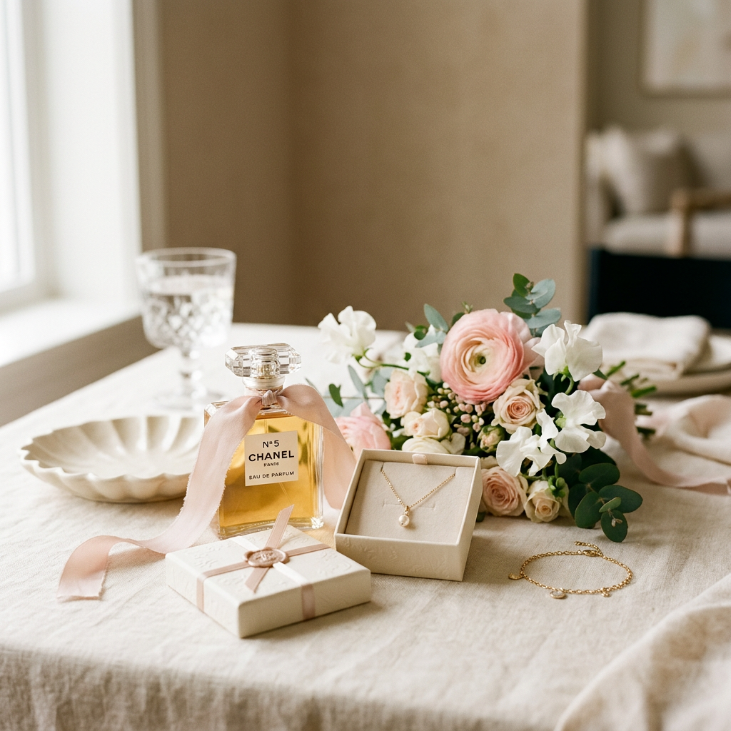 AI Design for Premium editorial lifestyle photograph representing gifts for her, an elegant feminine gift arrangement featuring a luxurious perfume bottle, delicate jewelry, silk ribbon, small gift box and subtle flowers, sophisticated feminine styling, warm neutral cream background, tasteful luxury aesthetic, soft natural lighting, realistic high-end product photography, vertical 4:5 composition, no text, no logo, no watermark.