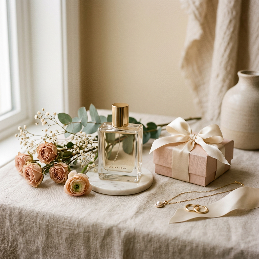 AI Design for Premium editorial lifestyle photograph representing gifts for her, an elegant feminine gift arrangement featuring a luxurious perfume bottle, delicate jewelry, silk ribbon, small gift box and subtle flowers, sophisticated feminine styling, warm neutral cream background, tasteful luxury aesthetic, soft natural lighting, realistic high-end product photography, vertical 4:5 composition, no text, no logo, no watermark.