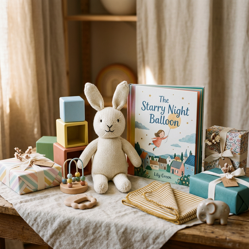 AI Design for Premium editorial lifestyle photograph representing gifts for kids, featuring colorful but tasteful children's toys, cute plush toy, illustrated children's book, small wrapped gift boxes and playful accessories, cheerful yet premium styling, soft warm studio lighting, elegant neutral background with subtle pastel accents, realistic editorial photography, vertical 4:5 composition, no text, no logo, no watermark.