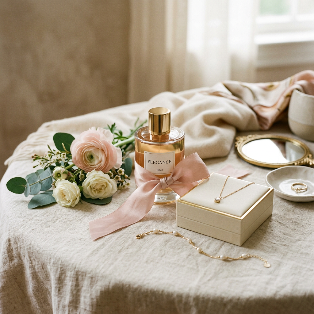 AI Design for Premium editorial lifestyle photograph representing gifts for her, an elegant feminine gift arrangement featuring a luxurious perfume bottle, delicate jewelry, silk ribbon, small gift box and subtle flowers, sophisticated feminine styling, warm neutral cream background, tasteful luxury aesthetic, soft natural lighting, realistic high-end product photography, vertical 4:5 composition, no text, no logo, no watermark.