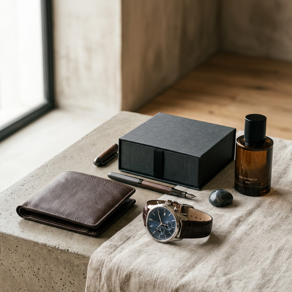 AI Design for Premium editorial lifestyle photograph representing gifts for him, featuring a sophisticated leather wallet, classic wristwatch, premium fragrance bottle, minimalist gift box and dark elegant accessories, masculine but refined styling, warm neutral studio background, soft natural lighting, luxury editorial photography, vertical 4:5 composition, no text, no logo, no watermark.