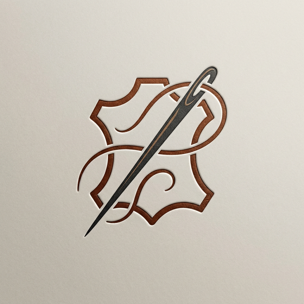 A sophisticated and minimalist logo for a premium leather artisan, featuring a stylized needle and thread motif intertwined with a subtle leather hide silhouette. The aesthetic is rustic yet refined, utilizing a deep cognac and charcoal color palette with a clean, embossed texture effect. The design conveys durability, timeless craftsmanship, and heritage quality, set against a neutral, high-end matte background. No text!