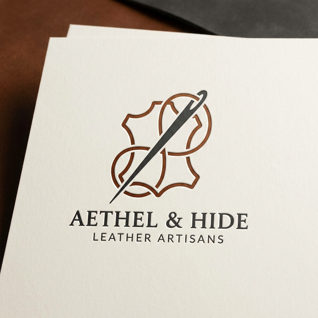 A sophisticated and minimalist logo for a premium leather artisan, featuring a stylized needle and thread motif intertwined with a subtle leather hide silhouette. The aesthetic is rustic yet refined, utilizing a deep cognac and charcoal color palette with a clean, embossed texture effect. The design conveys durability, timeless craftsmanship, and heritage quality, set against a neutral, high-end matte background.