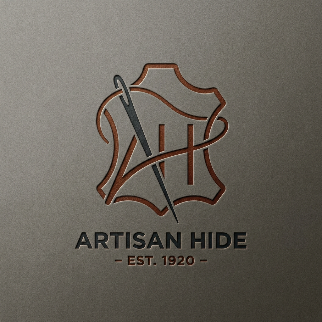 A sophisticated and minimalist logo for a premium leather artisan, featuring a stylized needle and thread motif intertwined with a subtle leather hide silhouette. The aesthetic is rustic yet refined, utilizing a deep cognac and charcoal color palette with a clean, embossed texture effect. The design conveys durability, timeless craftsmanship, and heritage quality, set against a neutral, high-end matte background.