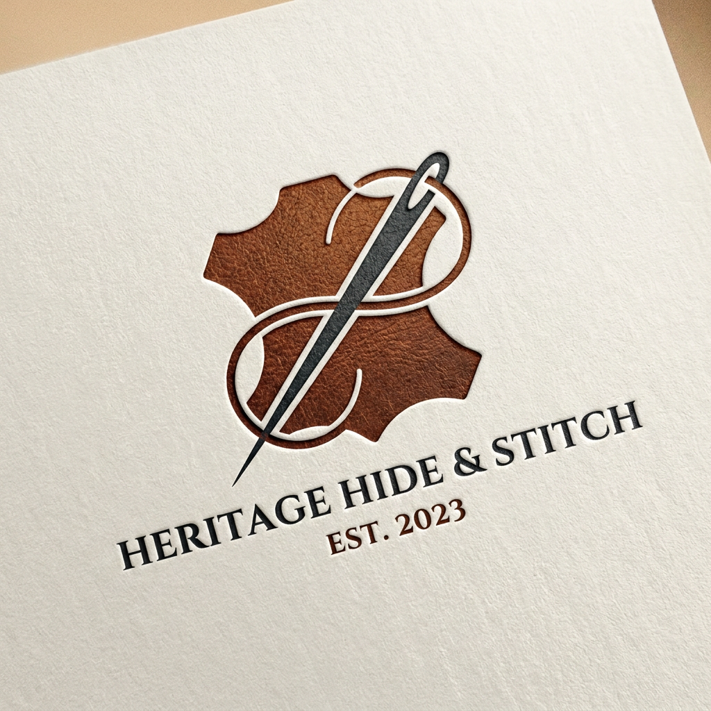 A sophisticated and minimalist logo for a premium leather artisan, featuring a stylized needle and thread motif intertwined with a subtle leather hide silhouette. The aesthetic is rustic yet refined, utilizing a deep cognac and charcoal color palette with a clean, embossed texture effect. The design conveys durability, timeless craftsmanship, and heritage quality, set against a neutral, high-end matte background.