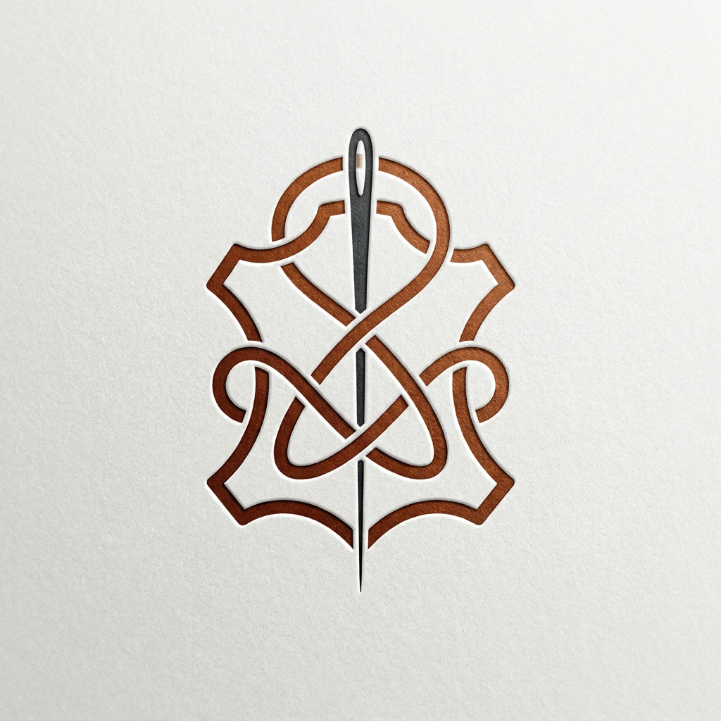 A sophisticated and minimalist logo for a premium leather artisan, featuring a stylized needle and thread motif intertwined with a subtle leather hide silhouette. The aesthetic is rustic yet refined, utilizing a deep cognac and charcoal color palette with a clean, embossed texture effect. The design conveys durability, timeless craftsmanship, and heritage quality, set against a neutral, high-end matte background. No text!