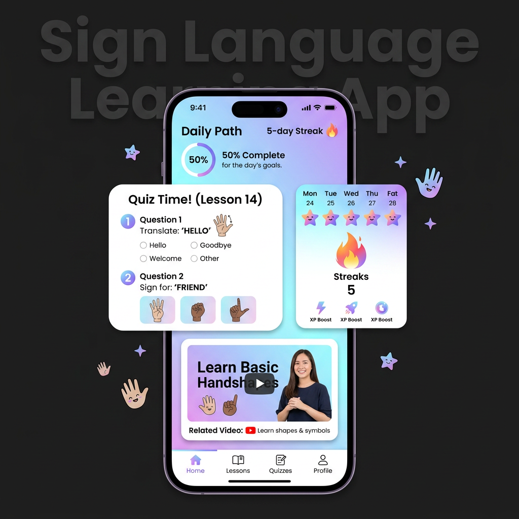 I need an app for sign language teaching. It is an educational app like duolingo. Design this app where it has quizzes, streaks, YouTube videos and it is a fun loving app. Take this as a reference to the color scheme and overall style of the app