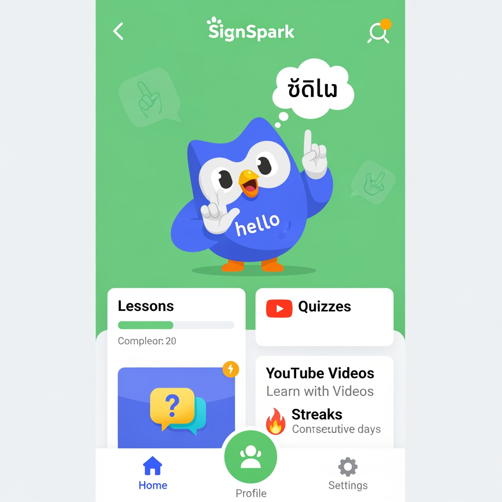 I need an app for sign language teaching. It is an educational app like duolingo. Design this app where it has quizzes, streaks, YouTube videos and it is a fun loving app
