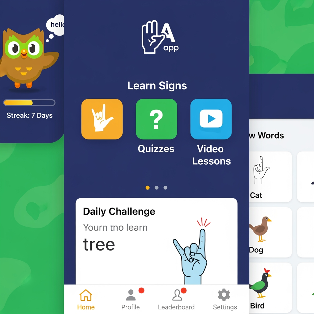I need an app for sign language teaching. It is an educational app like duolingo. Design this app where it has quizzes, streaks, YouTube videos and it is a fun loving app