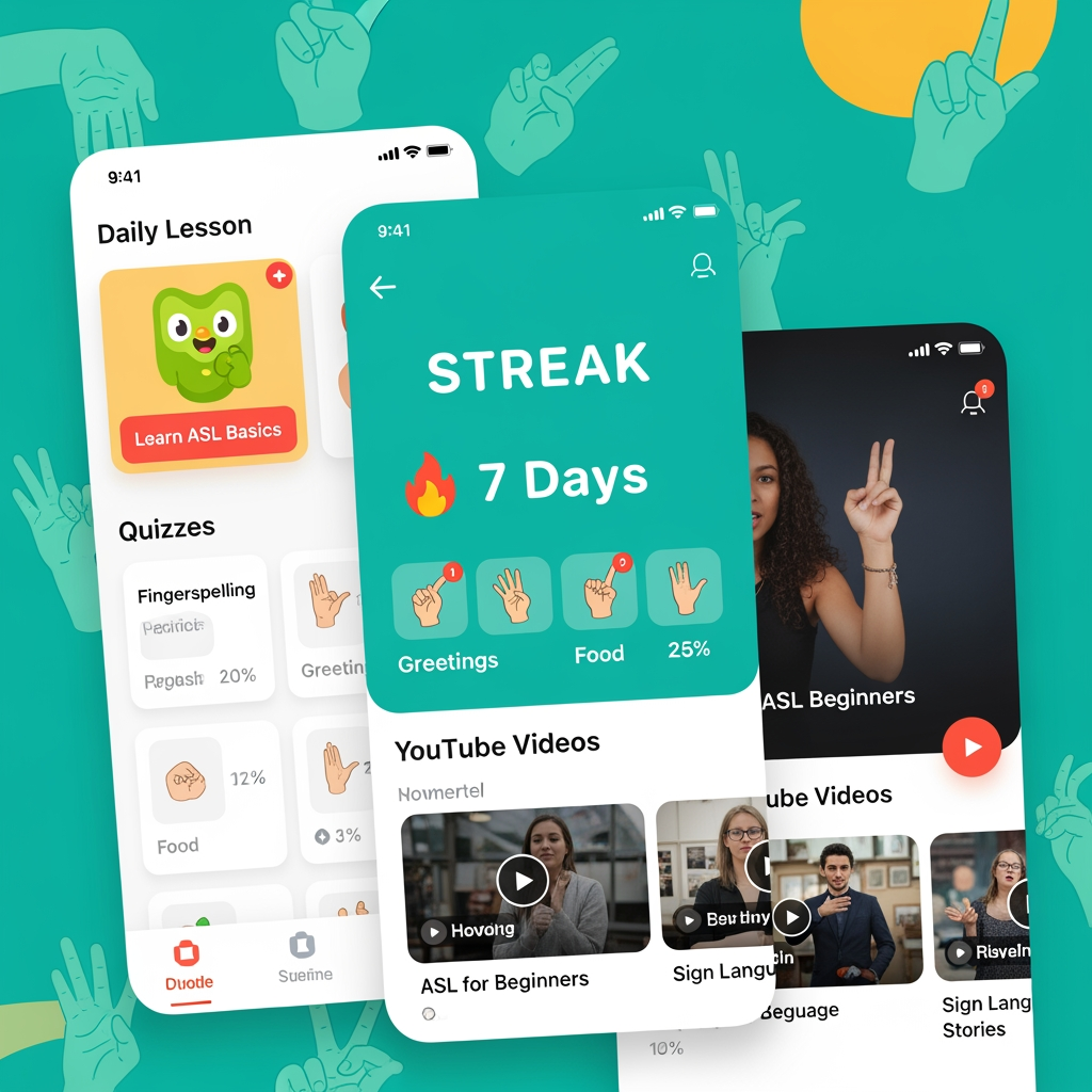 I need an app for sign language teaching. It is an educational app like duolingo. Design this app where it has quizzes, streaks, YouTube videos and it is a fun loving app