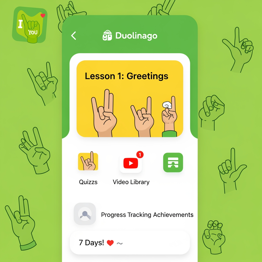 I need an app for sign language teaching. It is an educational app like duolingo. Design this app where it has quizzes, streaks, YouTube videos and it is a fun loving app
