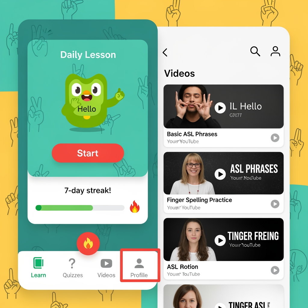 I need an app for sign language teaching. It is an educational app like duolingo. Design this app where it has quizzes, streaks, YouTube videos and it is a fun loving app