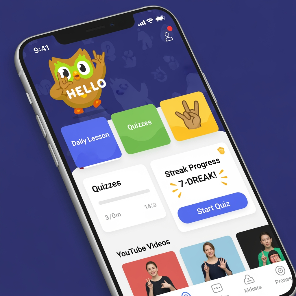 I need an app for sign language teaching. It is an educational app like duolingo. Design this app where it has quizzes, streaks, YouTube videos and it is a fun loving app