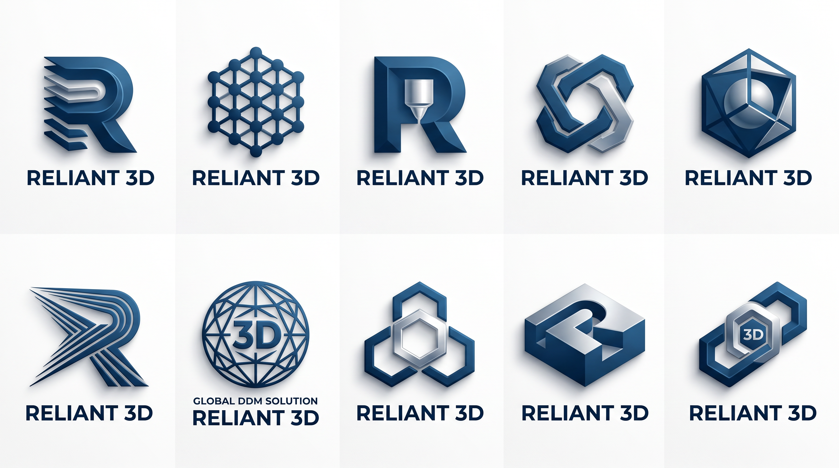 Create a modern minimalist logo i want logo for this company read the website and services from this link and create logo for this company https://reliant3d.com/ and make 5 10 different variations company called 'Reliant 3D' Make logo in 3d 3d