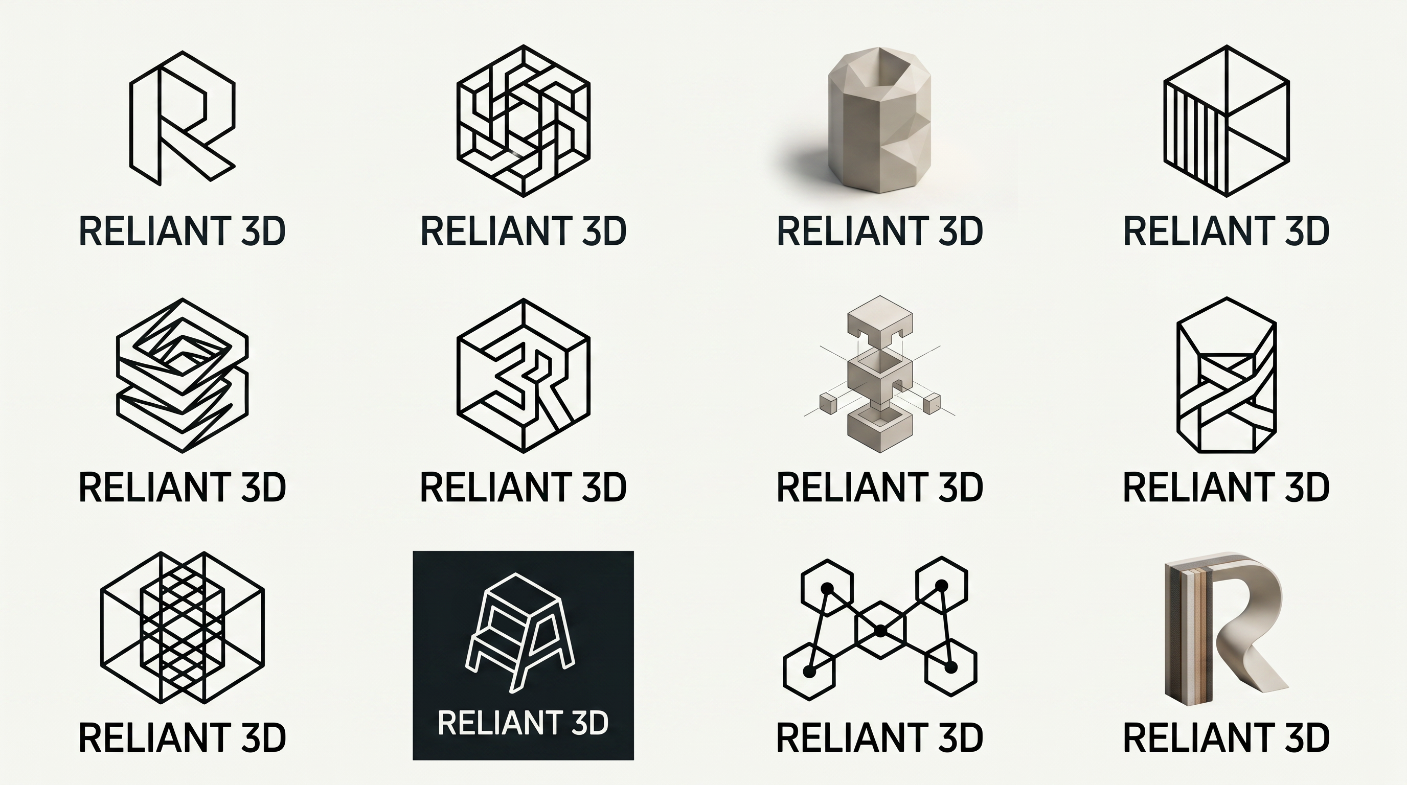 Create a modern minimalist logo i want logo for this company read the website and services from this link and create logo for this company https://reliant3d.com/ and make 5 10 different variations company called 'Reliant 3D' Make logo in 3d 2D variaton like detailed, unique eye catchy logo