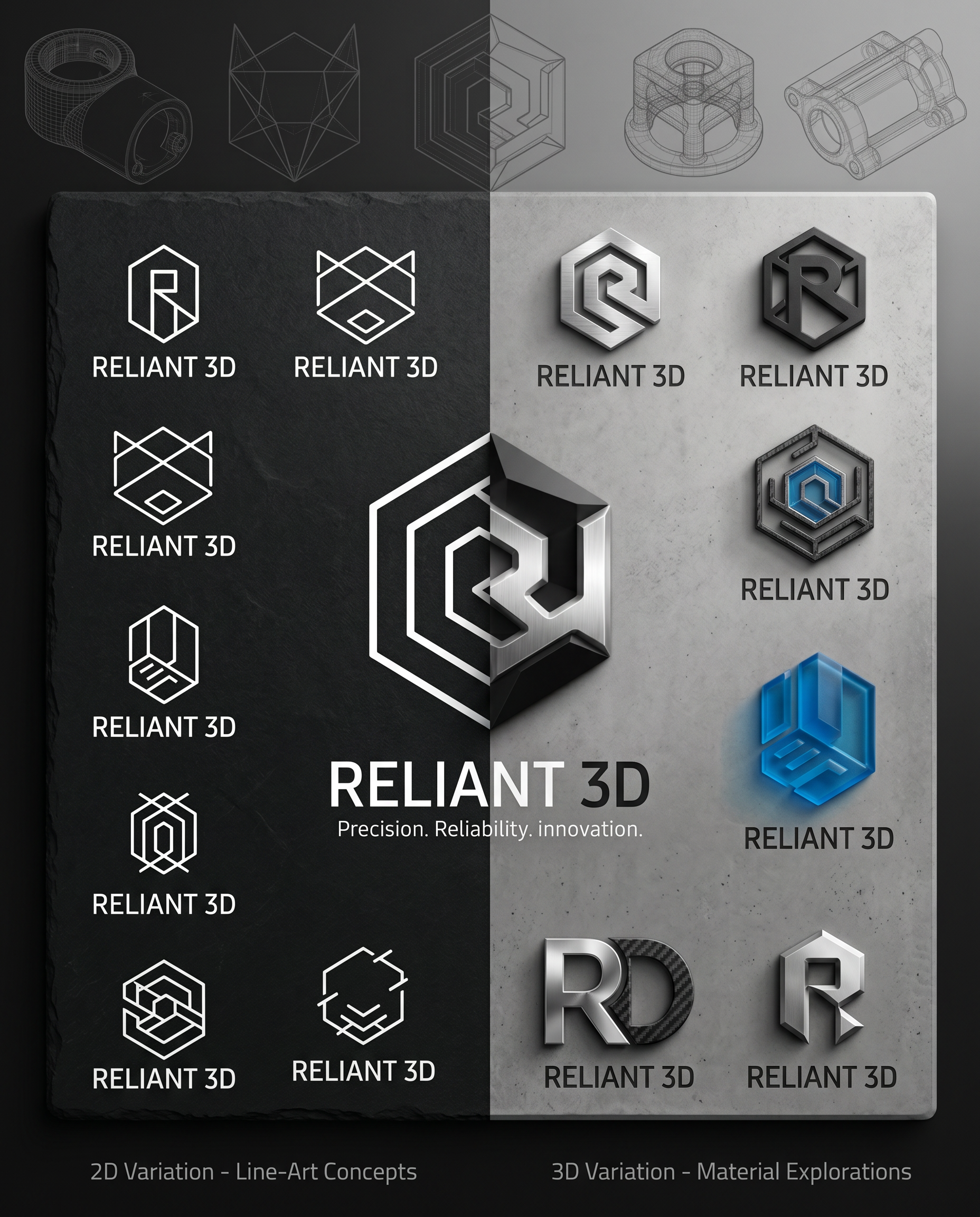 Create a modern minimalist logo i want logo for this company read the website and services from this link and create logo for this company https://reliant3d.com/ and make 5 10 different variations company called 'Reliant 3D' Make logo in 3d 2D variaton like detailed, unique eye catchy logo