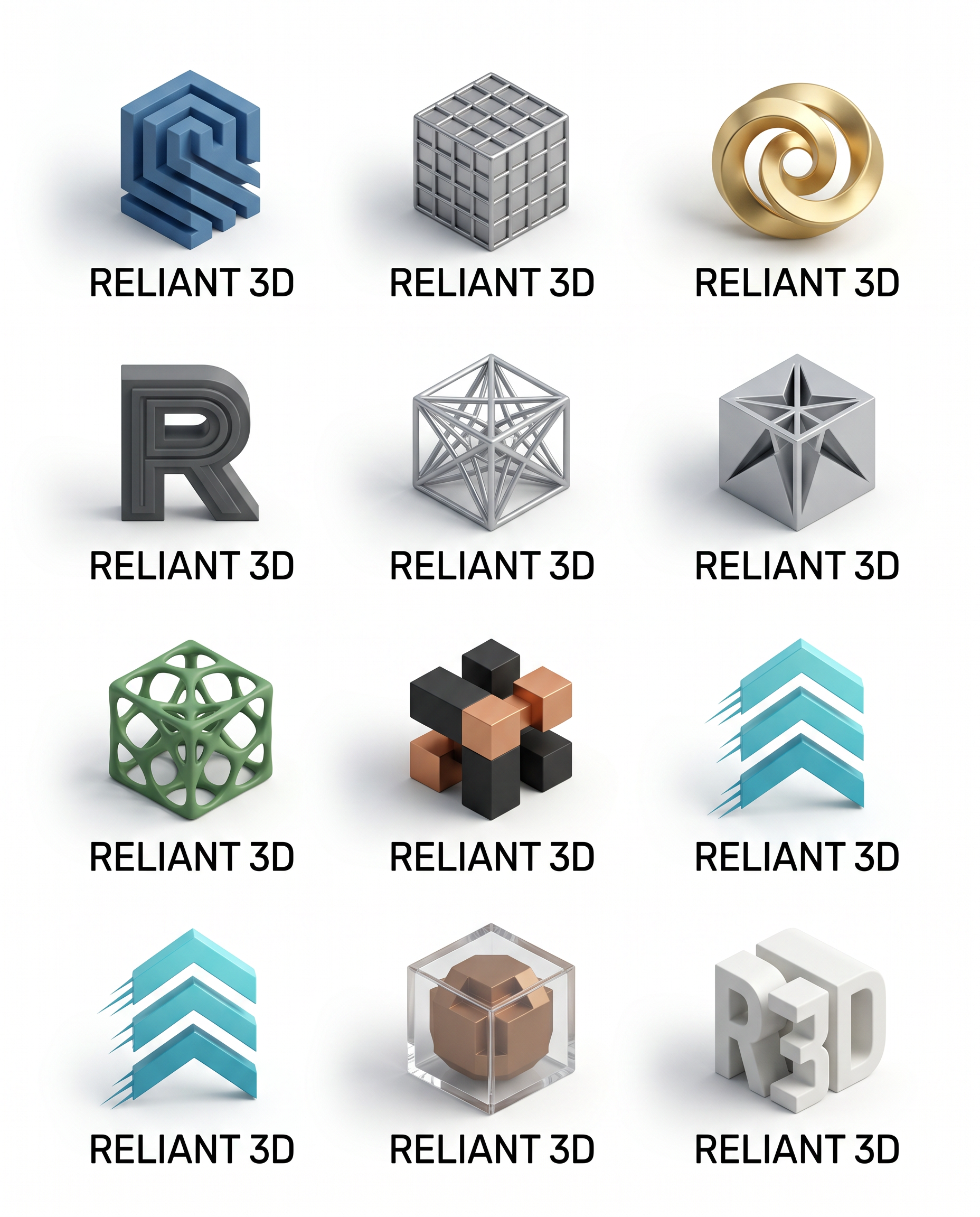 Create a modern minimalist logo i want logo for this company read the website and services from this link and create logo for this company https://reliant3d.com/ and make 5 10 different variations company called 'Reliant 3D' Make logo in 3d 3d